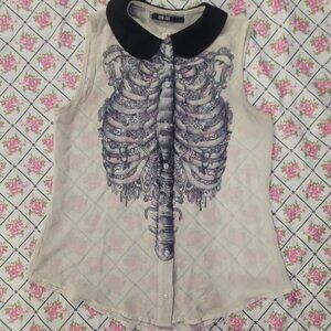 Iron Fist Ribcage Skeleton Sleeveless Button-Up Tank with Peter Pan Collar